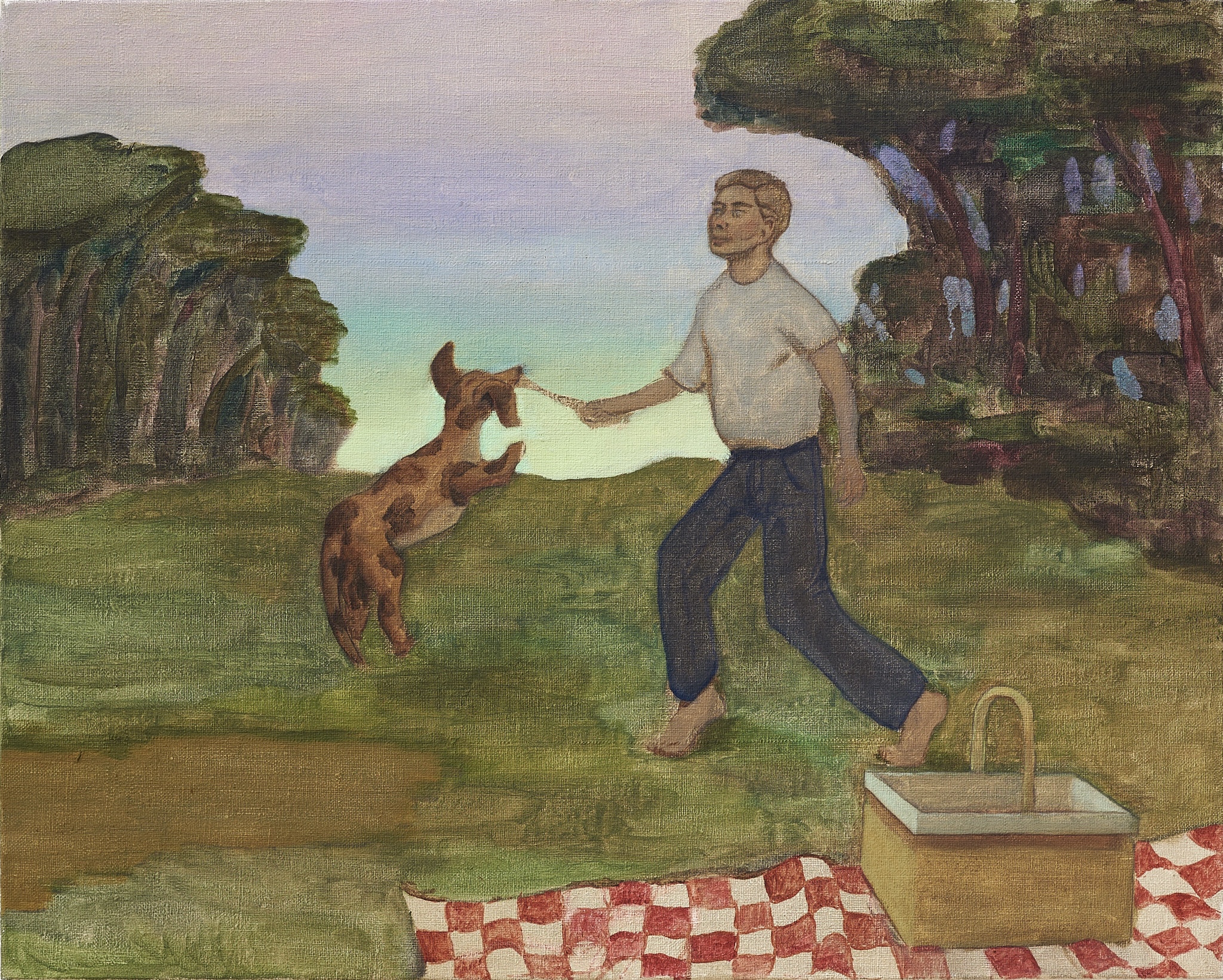 Konstantin Resch, Ohne Titel (Junge mit Hund bei Sonnenuntergang), 2023